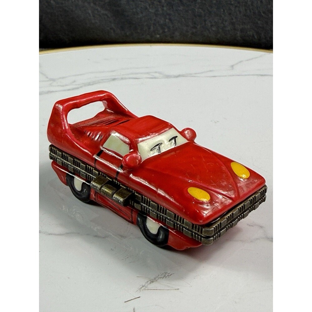 Vintage Porcelain Hinged Trinket Box Red Race Car Trophy Automotive Collectible
